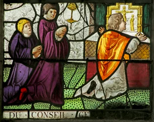 Vetrata raffigurante una famiglia di donatori che assiste alla Messa